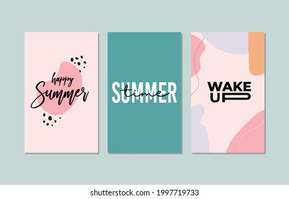 Vector abstract summer illustration card with calligraphy. Hello summer posters set. Good for poster, card, invitation, flyer, cover, social media, banner and other 