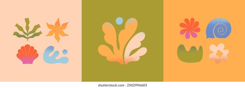 Vector abstract summer nature elements.Hand drawn palm,organic forms,sun,coral,seashells,waves.Modern graphic in naive simple style for banners,smm,branding, covers,prints.Summer vacation aesthetic