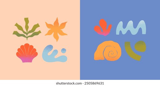 Vector abstracto Elementos de la naturaleza del verano. Mano dibujada palma, forma orgánica, sol, concha marina, ondas. Gráfico moderno en estilo simple ingenuo para Anuncios, smm, marca, embalaje, cubiertas, estética de vacaciones de verano