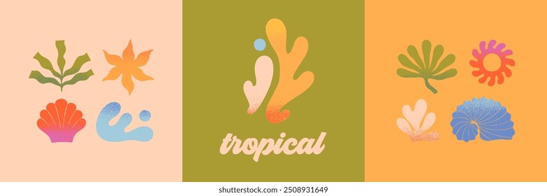 Vector abstract summer nature elements.Hand drawn palm,sun,coral,seashell,wave.Modern graphic in naive simple style for banners,smm,branding,packaging, covers,prints.Summer vacation aesthetic