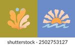 Vector abstract summer nature emblems.Hand drawn coral, sun and ocean waves.Modern graphic in naive simple style for banners,smm,branding,packaging, covers,prints.Summer vacation aesthetic