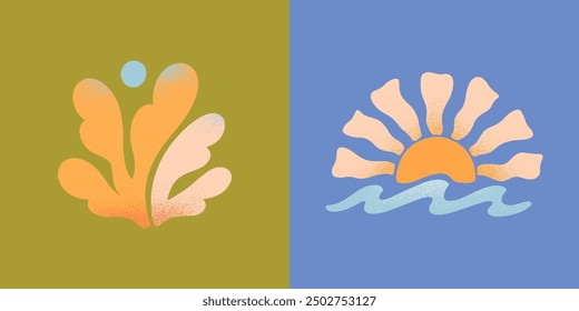 Emblemas abstractos de la naturaleza del verano del Vector. Coral dibujado a mano, sol y olas del océano. Gráfico moderno en estilo simple ingenuo para Anuncios, smm, marca, empaques, cubiertas, impresiones. Estética de vacaciones de verano