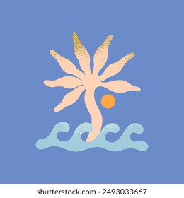 Vector abstract summer ocean or sea emblem.Hand drawn palm with sun and waves.Modern graphic in naive simple style for banners,smm,branding,packaging, covers,prints.Summer vacation aesthetic