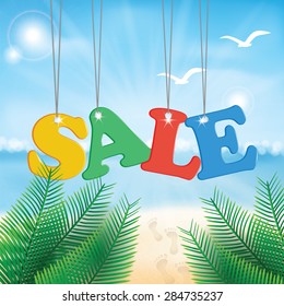 Vector abstract summer sale poster with beach background