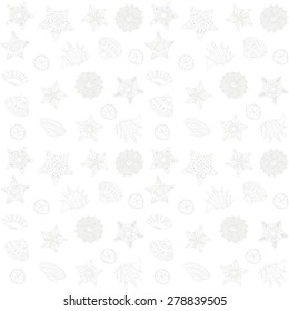 Vector abstract summer sea shore background. Sand sea shells and starfishes icons. Seasonal seamless pattern.