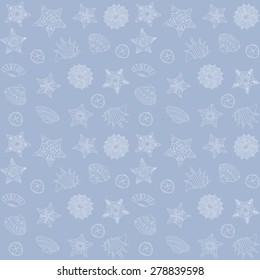 Vector abstract summer sea shore background. Sand sea shells and starfishes icons. Seasonal seamless pattern.
