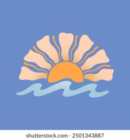 Emblema abstracto del sol del verano del Vector. Dibujado a mano del sol y del océano o olas del mar. Gráfico moderno en estilo simple ingenuo para los Anuncios, smm, marca, empaquetado, cubiertas, impresiones. Estética de las vacaciones de verano