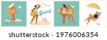Vector abstract summer time illustration card with pin up girls relaxing on the beach in ocean waves with calligraphy. Summer party. Hello summer cards in vector. Cute Retro posters set.