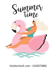 Vector abstract summer time illustration card with girl swimming on pink flamingo float circle in blue ocean waves with modern calligraphy. Summer time.