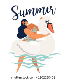 Vector abstract summer time illustration card with girl swimming on pink flamingo float circle in ocean waves with modern calligraphy. Summer time.