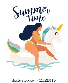 Vector abstract summer time illustration card with girl swimming on rainbow unicorn float circle in ocean waves with calligraphy. Summer time.
