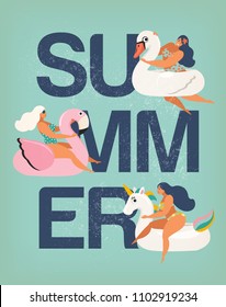 Vector abstract summer time illustration card with girl swimming on animal float circle in ocean waves with calligraphy. Summer party.