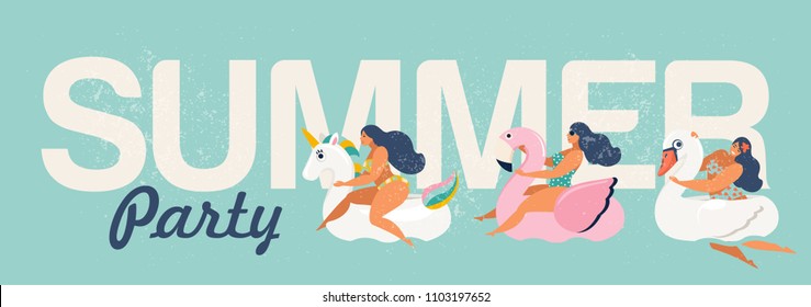 Vector abstract summer time illustration card with pin up girl swimming on animal float circle in ocean waves with calligraphy. Summer party.