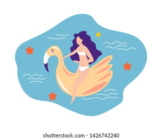 Vector abstract summer time illustration with girl swimming on flamingo float circle in blue ocean waves. Summer time. Summer time beach illustration in vector.