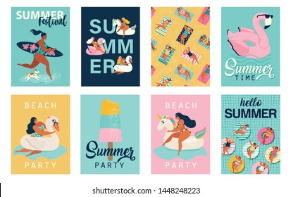 Abstrakte Sommerzeit-Illustrationskarte für Vektorgrafik mit Stift-up-Mädchen, die in Seestrecken mit Kalligrafie auf dem Tierkreis schwimmen. Sommerparty. Hallo Sommerplakate in Vektorgrafik. Cute Retro-Plakate Set.