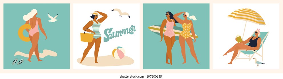 Vector abstract summer time illustration card with pin up girls relaxing on the beach in ocean waves with calligraphy. Summer party. Hello summer cards in vector. Cute Retro posters set.