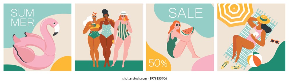 Vector Abstract Summer Time Illustration Card With Pin Up Women Chilling On The Beach. Summer Party. Hello Summer Posters In Vector. Cute Retro Templates Set.