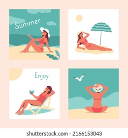Vector abstract summer time illustration card. Set of woman or girl relaxing on the beach in ocean waves. Summer party. Hello summer cards vector. Cute trendy poster set.