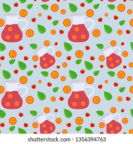 Vector abstract summer time organic fresh fruits seamless pattern with cocktail in glass bottle jar, orange slice, strawberry and mint leaves in rose pink colors isolated. Detox water and drinks.