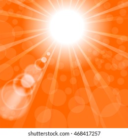Vector Abstract Sun Background. Orange Summer Pattern. Bright Background with Sunshine. SunBurst with Flare and Lens.