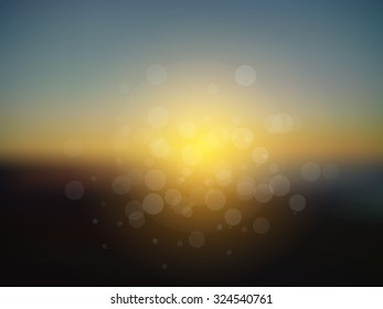 Vector abstract sun holiday blurred background. Sunset over sea or ocean with sun flares and nice bokeh circles.