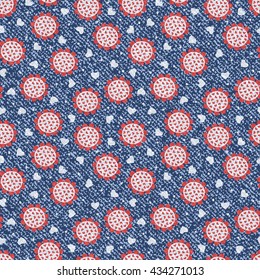Vector Abstract sunflowers and hearts. Denim floral seamless pattern. Blue Jeans cloth background with flowers.
