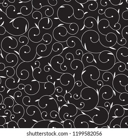 Vector abstract swirl seamless pattern for your design.  White swirl seamless pattern on black background. 