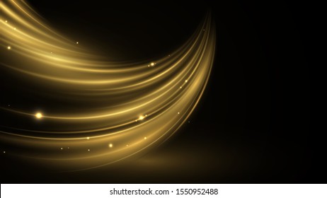 Vector abstract swirling wave. Golden neon liquid. Elegant bright linear wave. Vector background