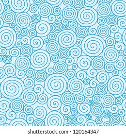 Vector abstract swirls seamless pattern background with hand drawn curl elements in blue.