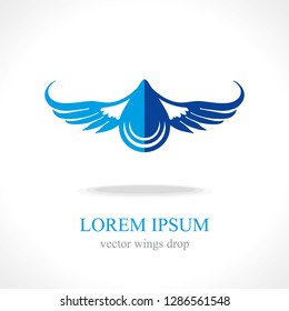 Vector abstract symbol wings drop. Sign water drop. Transportation of clean water symmetric flat template.