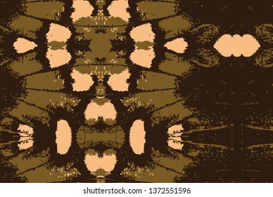 Vector abstract symmetric seamless pattern of  textures of  butterfly wings beige, brown  close-up as background. The texture of the butterfly wing . The image with mirror effect. Kaleidoscopic design