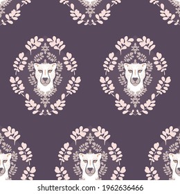 Vector Abstract Symmetrical White Cheetah with Leaves on Plum Purple design seamless pattern background. Perfect for fabric, scrapbooking and wallpaper projects.