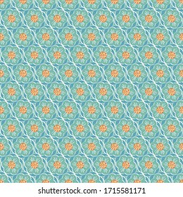 Vektorillustration Abstraktes Teal Green Blue Orange Gold Blumen Nahtlose Wiederholung Muster. Hintergrund für Textilien, Karten, Herstellung, Wallpaper, Druck, Geschenkverpackung und Scrapbooking.