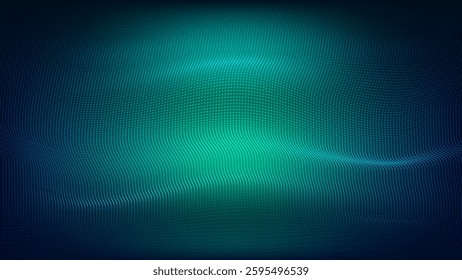 Vector abstract techno background with light particles in green and blue colors. Neon futuristic background with wave dots. Digital data backdrop for banner and web sites