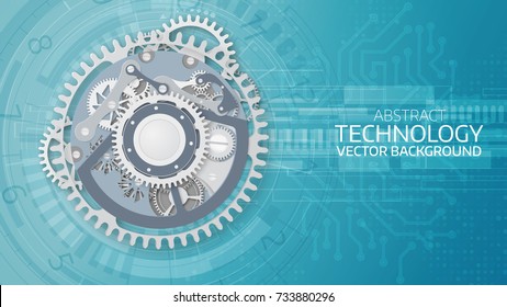 Vector abstract   technology, 3d paper clockwork  on circuit board. Illustration hi-tech, engineering, digital telecoms concept. With space for content, web- template, business tech presentation