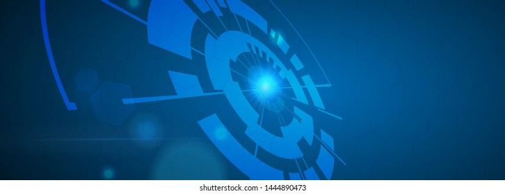 Vector Abstract technology background with eyeball, circuit board, speed motion blur of light rays, arrow, stripe line on dark blue background. Hi-tech, science, futuristic, energy technology concept