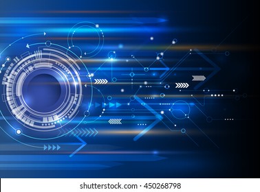 Vector Abstract technology background with eyeball, circuit board, speed motion blur of light rays, arrow, stripe line on dark blue background. Hi-tech, science, futuristic, energy technology concept