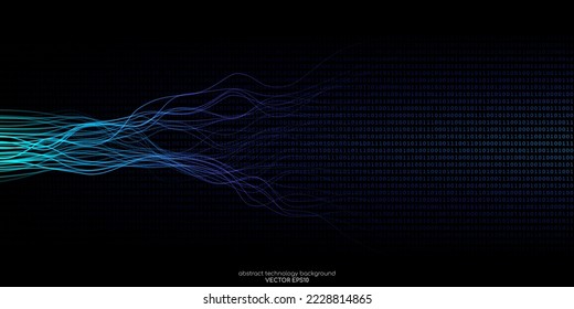 Vector abstract technology background wavy neural network lines and binary code texture background by blue green light on black for banner in concept digital, technology, big data, computer, science.