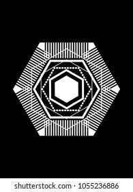 Vector abstract technology. Black and white geometric shapes concept, technology, hexagon elements, with geometry with hexagonal structure molecule lines and dots. isolated on black background.