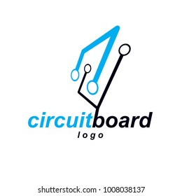 Vector abstract technology circuit board. High tech digital scheme of electronic device. Technology microchip logo.