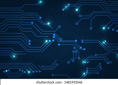 Vector abstract technology with circuit board elements on dark blue color background.