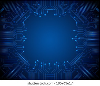 Vector abstract technology, circuit board on dark blue background. Circuit board pattern with blank space. Vector technology, high tech concept