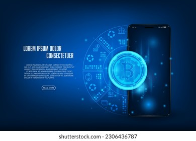 Concepto de moneda criptográfica de tecnología abstracta vectorial. Aplicación de cartera Bitcoin en teléfono móvil.