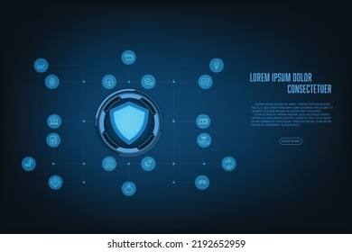 Vector Abstract Technology Cyber Security Online Banking Concept. Shield And Circuit On Blue Background.