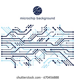 Vector abstract technology illustration with circuit board. High tech digital scheme of electronic device. Technology microchip abstract background