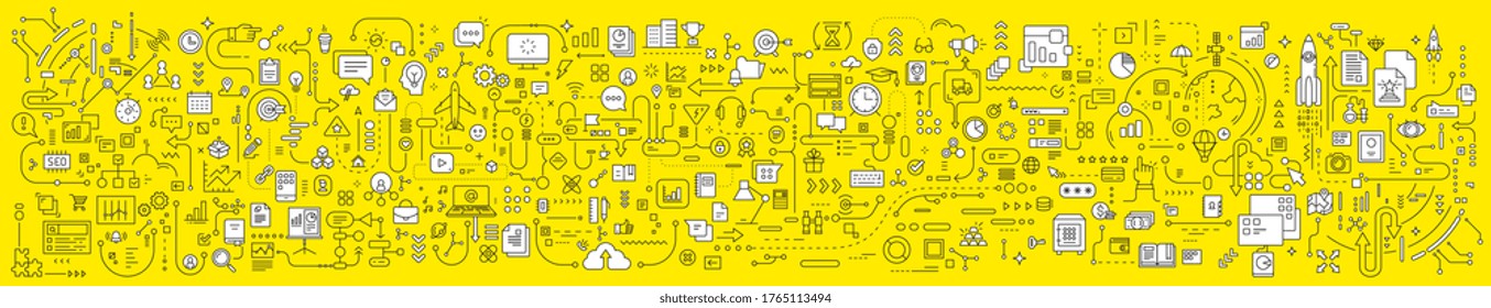 Vector abstract technology illustration of connected business icon on yellow background. Line art style innovation design of graphic element for web, site, poster, banner