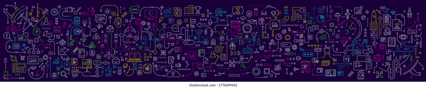 Vector abstract technology illustration of connected business icon on dark background. Line art style innovation design of graphic element for web, site, poster, banner