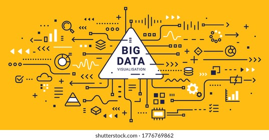 Vector abstract technology illustration of data array visual on yellow background. Line art style design of graphic element for web, site, banner. Big data visualization connection complex with icon