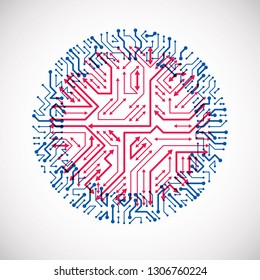 Vector abstract technology illustration with round red and blue circuit board. High tech circular digital scheme of electronic device, multidirectional arrows.