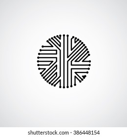 Vector abstract technology illustration with round monochrome circuit board. High tech circular digital scheme of electronic device.